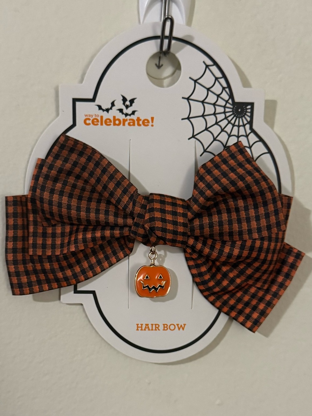 Orange and Black Plaid Halloween Hair Bow with Jack-O'-Lantern Charm